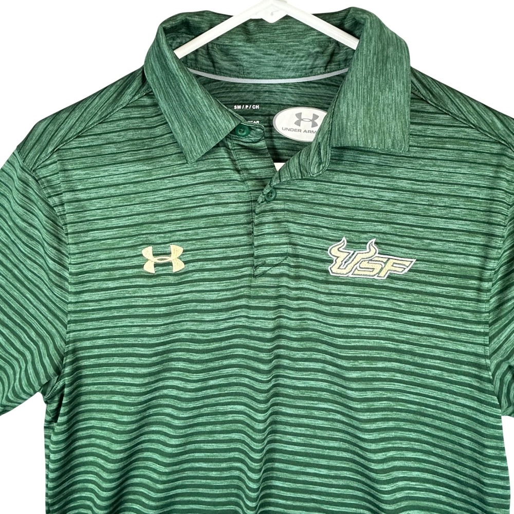 Under Armour Mens USF Bulls‎ Polo Shirt Green Striped HeatGear Small 1288075-301